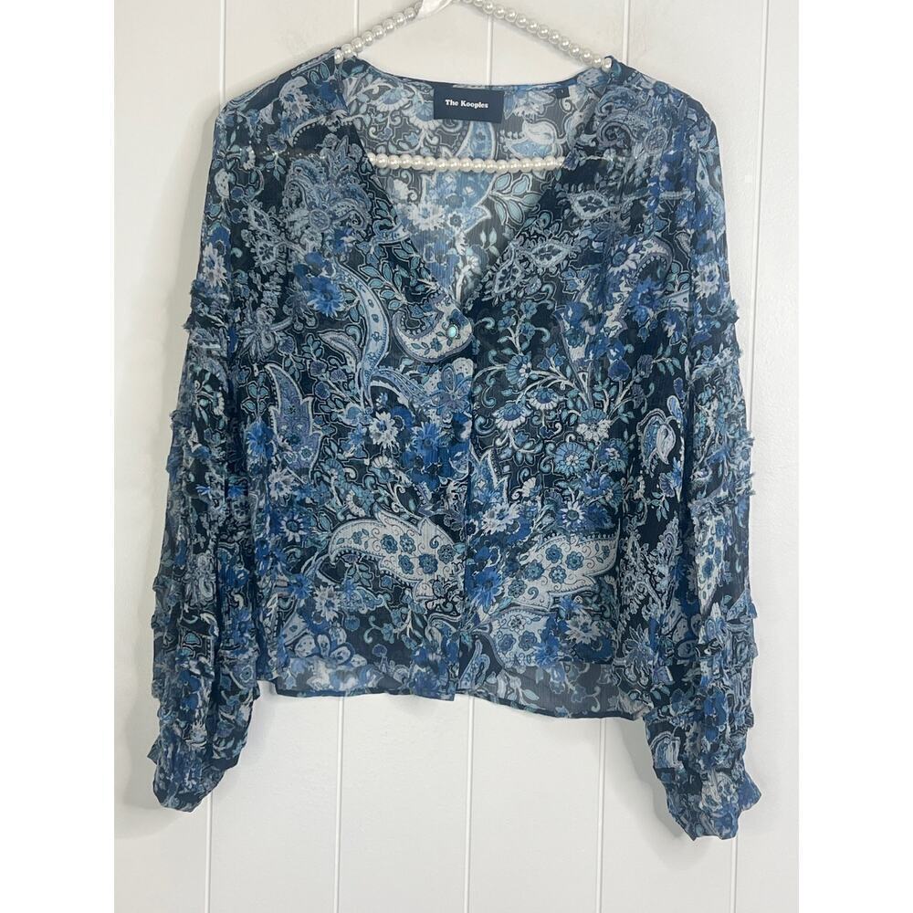 The Kooples Blue V Neck Sheer Paisley Print Cropped Blouse Size 1 FR/US‎ 4